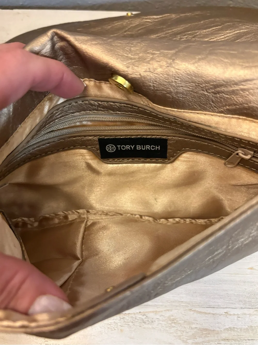 Tory Burch Metallic Taupe Crossbody with Gold Logo Chain